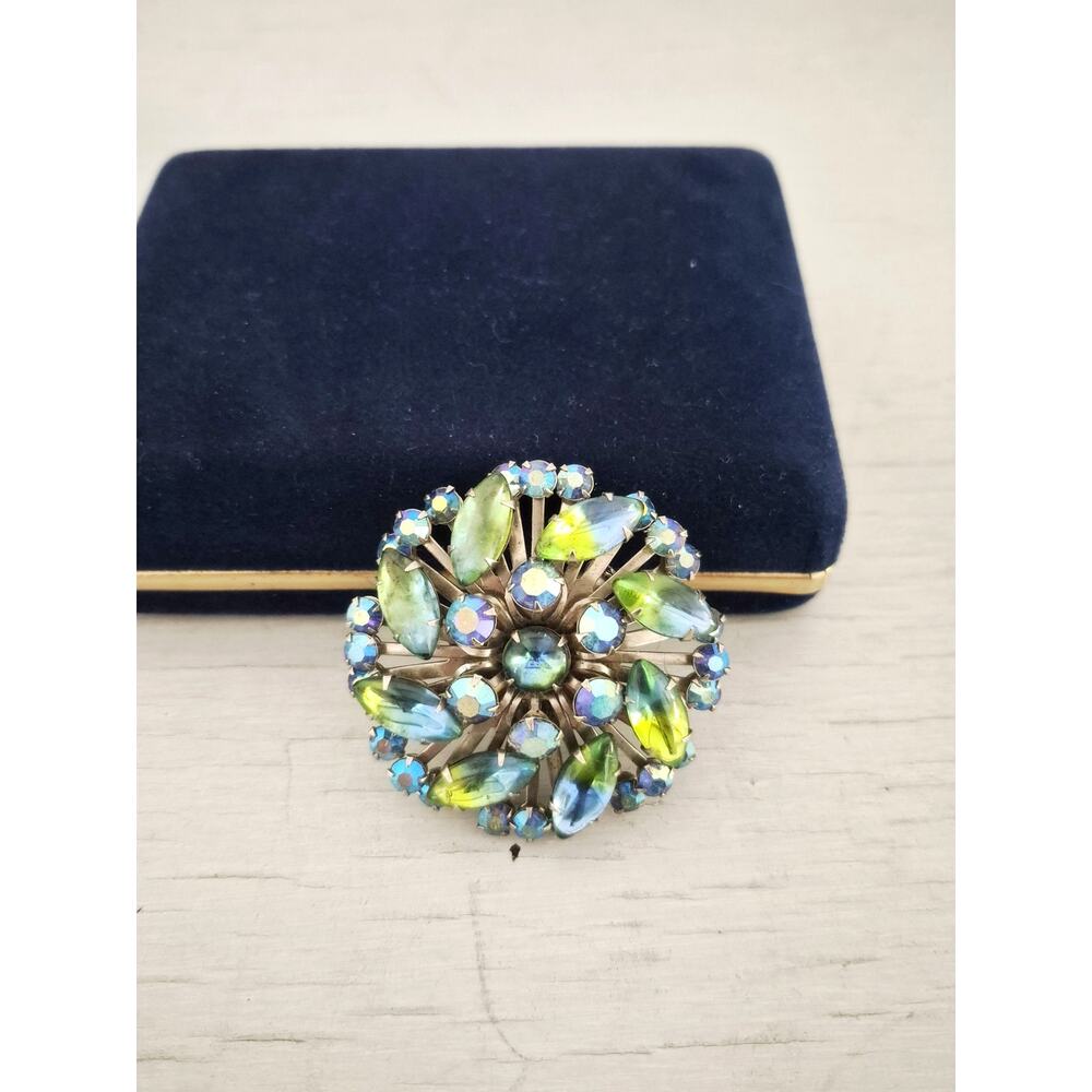 Vintage MCM Blue Green Iridescent Rhinestone Dome Brooch